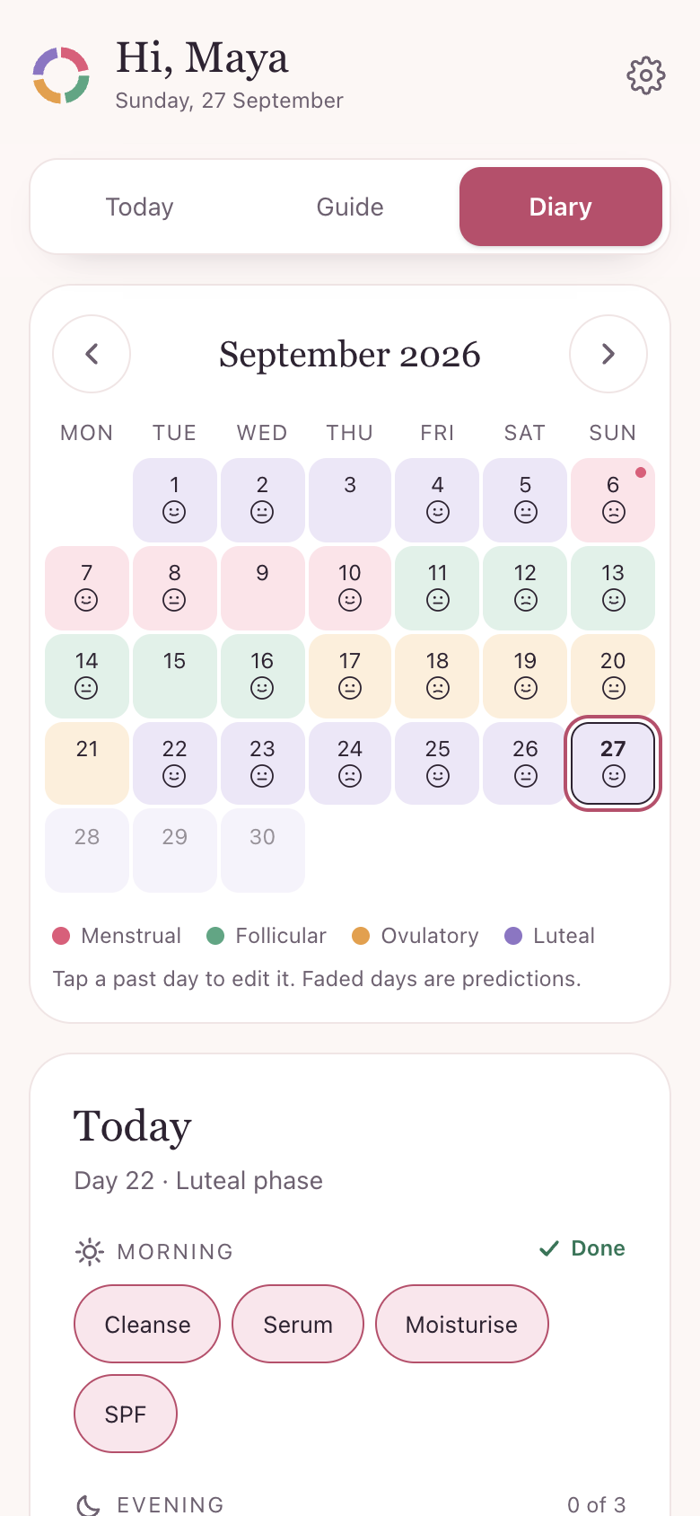 The Diary: a calendar coloured by cycle phase